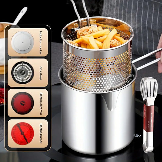 1200ML Stainless Steel Deep Fryer Pot with Strainer Basket – Oil-Saving Frying Pan for French Fries, Chicken, Tempura & More – Compatible with Gas & Induction Stove