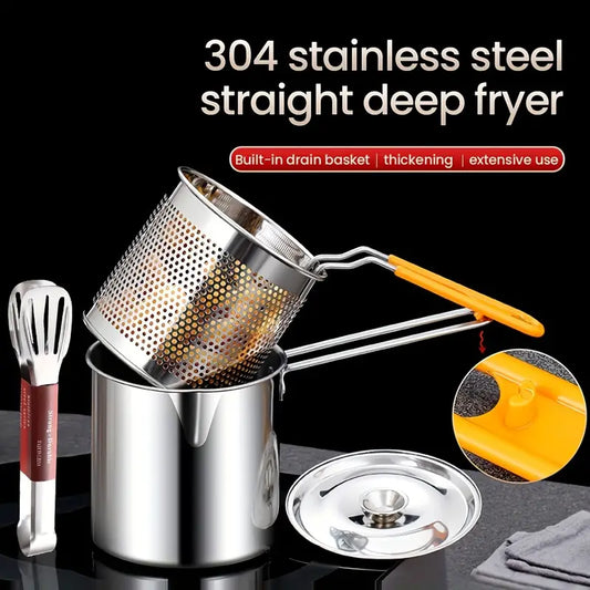 1200ML Stainless Steel Deep Fryer Pot with Strainer Basket – Oil-Saving Frying Pan for French Fries, Chicken, Tempura & More – Compatible with Gas & Induction Stove