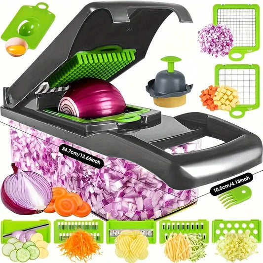 16-in-1 Vegetable Chopper & Slicer Set with Container – Multifunctional Manual Food Cutter, Onion Dicer, Potato Grater, Mandoline Slicer with 8 Interchangeable Blades for Kitchen
