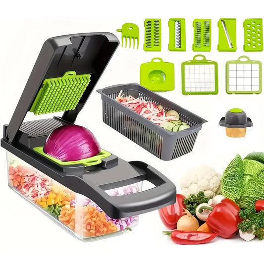 16-in-1 Vegetable Chopper & Slicer Set with Container – Multifunctional Manual Food Cutter, Onion Dicer, Potato Grater, Mandoline Slicer with 8 Interchangeable Blades for Kitchen