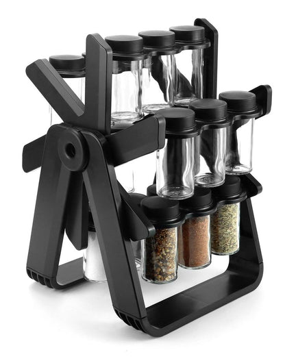 360° Rotating Spice Rack with 18 Glass Jars – Space-Saving Kitchen Organizer for Countertop & Cabinet | Airtight Seasoning Jar Set with Labels