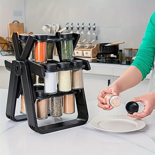 360° Rotating Spice Rack with 18 Glass Jars – Space-Saving Kitchen Organizer for Countertop & Cabinet | Airtight Seasoning Jar Set with Labels