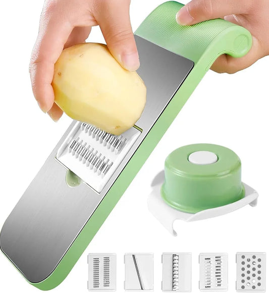 5-in-1 Stainless Steel Vegetable Cutter & Slicer – Multifunction Manual Food Chopper for Onion, Potato, Carrot, Garlic & Fruits | Kitchen Slicer with 5 Blades & Safety Holder