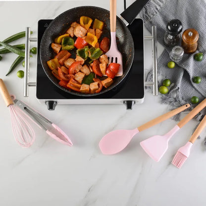 12 Pcs Premium Silicone Kitchen Utensil Set with Wooden Handle & Holder