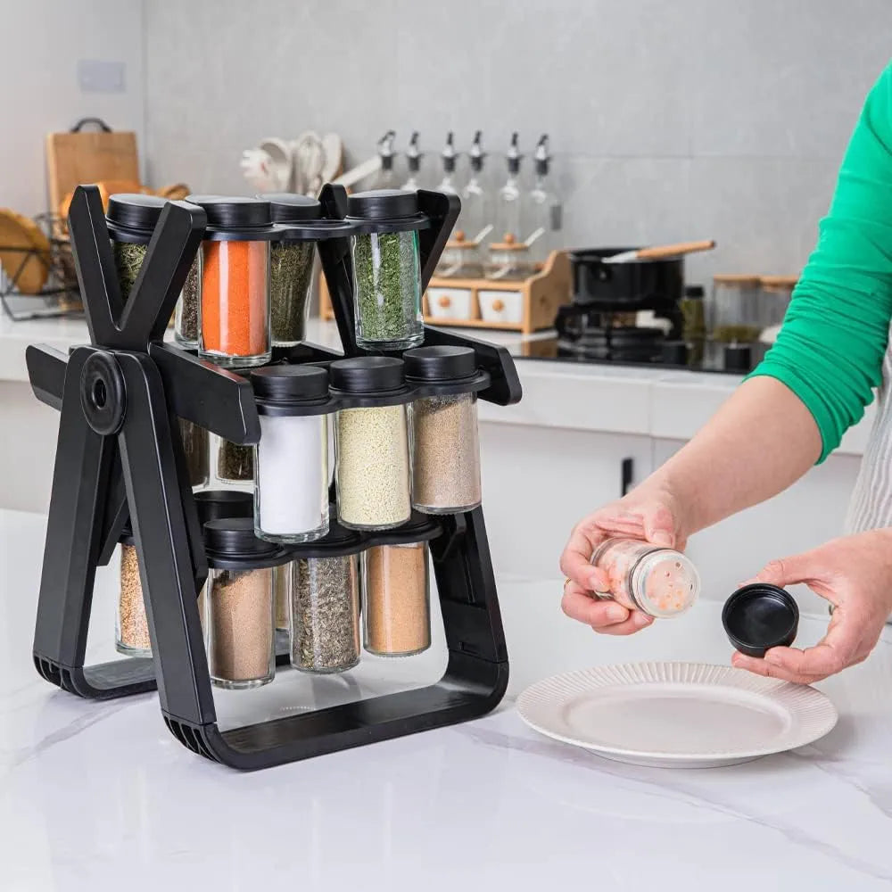 360° Rotating Spice Rack with 18 Glass Jars – Space-Saving Kitchen Organizer for Countertop & Cabinet | Airtight Seasoning Jar Set with Labels
