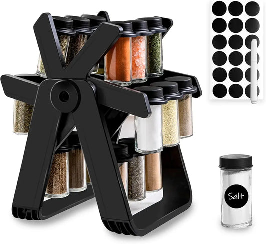 360° Rotating Spice Rack with 18 Glass Jars – Space-Saving Kitchen Organizer for Countertop & Cabinet | Airtight Seasoning Jar Set with Labels
