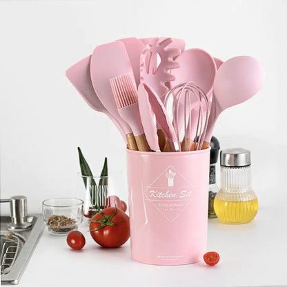 12 Pcs Premium Silicone Kitchen Utensil Set with Wooden Handle & Holder