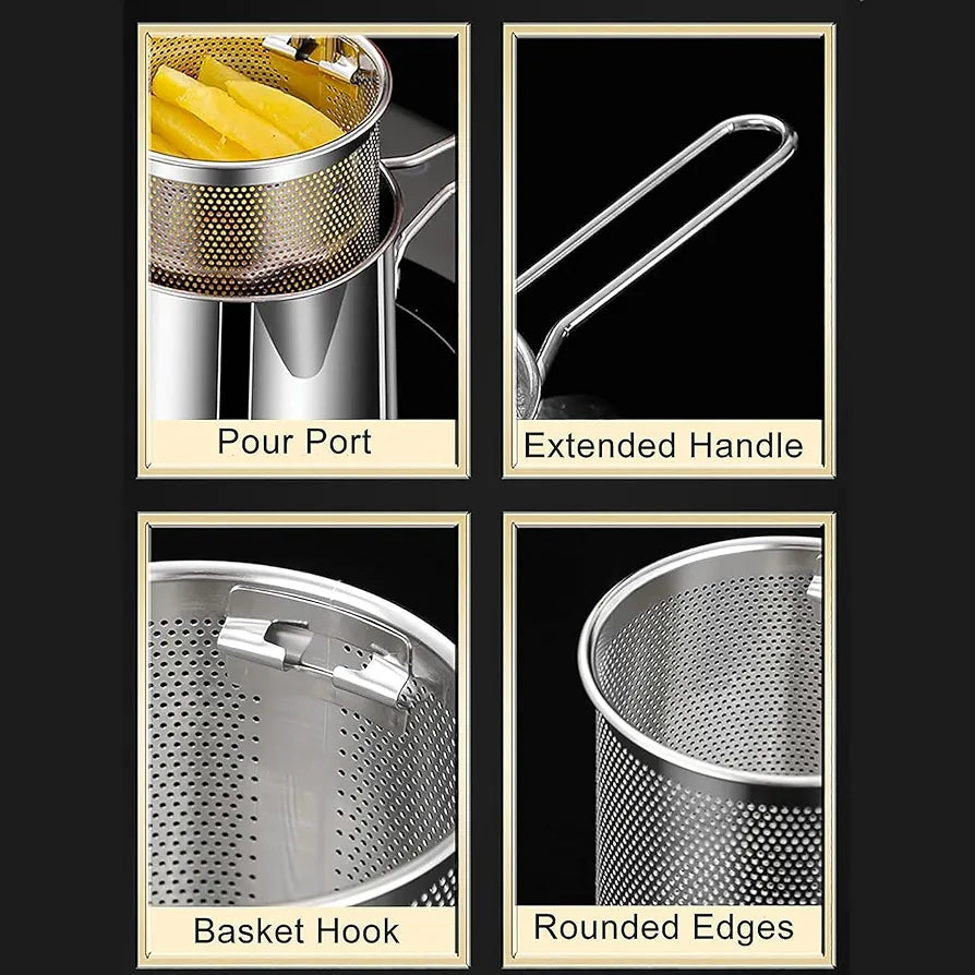 1200ML Stainless Steel Deep Fryer Pot with Strainer Basket – Oil-Saving Frying Pan for French Fries, Chicken & More