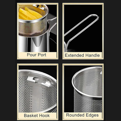 1200ML Stainless Steel Deep Fryer Pot with Strainer Basket – Oil-Saving Frying Pan for French Fries, Chicken & More