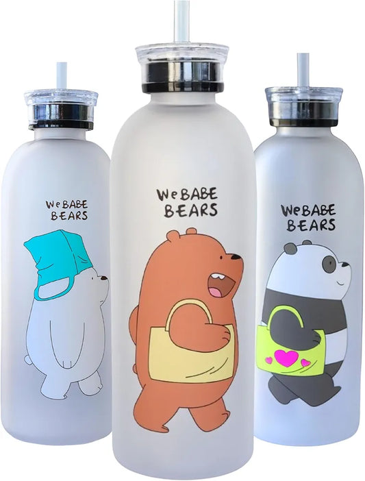 Cute Bear Frosted Water Bottle 1000ml with Straw & Lid – Kawaii Panda Juice Bottle, Leakproof BPA-Free Drinking Cup for Kids, School, Gym & Travel