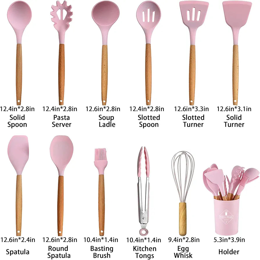 12 Pcs Premium Silicone Kitchen Utensil Set with Wooden Handle & Holder