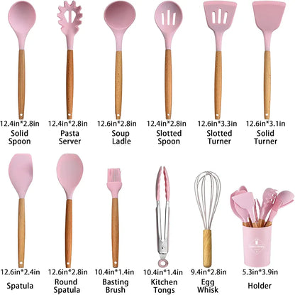 12 Pcs Premium Silicone Kitchen Utensil Set with Wooden Handle & Holder