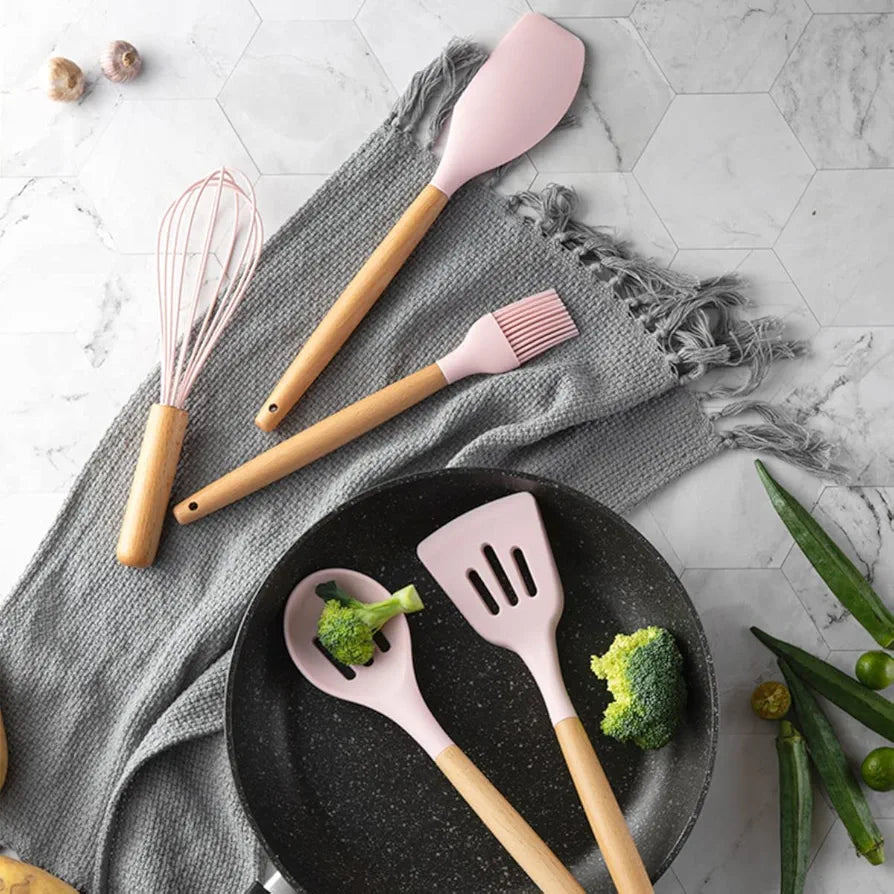 12 Pcs Premium Silicone Kitchen Utensil Set with Wooden Handle & Holder