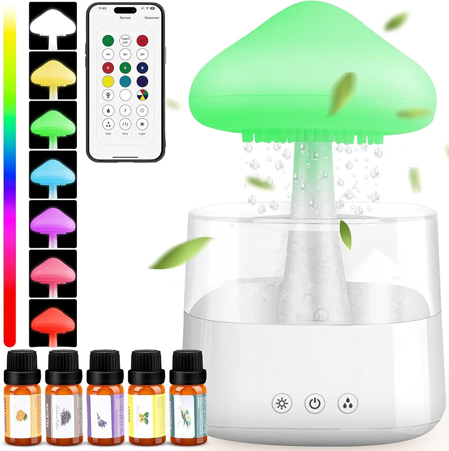 Mushroom Rain Cloud Humidifier & Oil Diffuser – 450ml, 7 Colors, Rain Sounds, Remote Control for Bedroom Relaxation