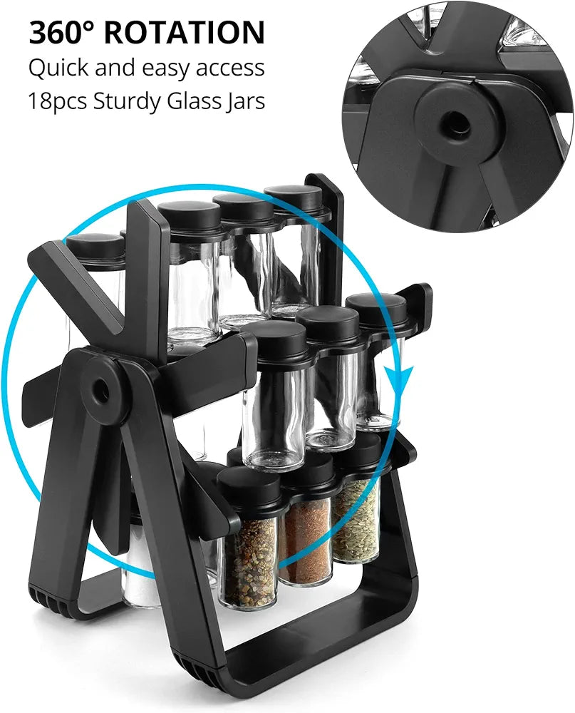 360° Rotating Spice Rack with 18 Glass Jars – Space-Saving Kitchen Organizer for Countertop & Cabinet | Airtight Seasoning Jar Set with Labels