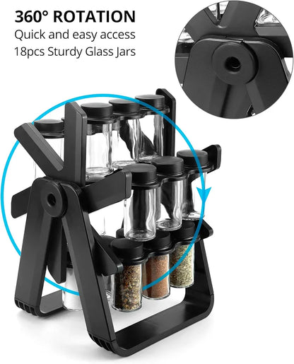 360° Rotating Spice Rack with 18 Glass Jars – Space-Saving Kitchen Organizer for Countertop & Cabinet | Airtight Seasoning Jar Set with Labels