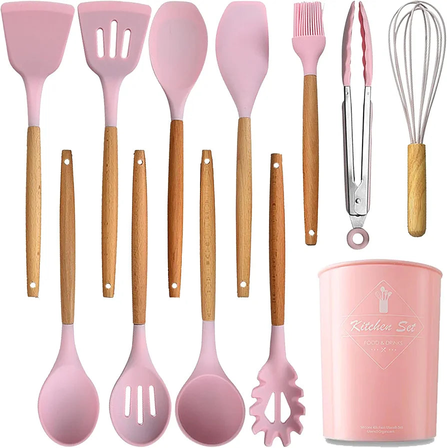 12 Pcs Premium Silicone Kitchen Utensil Set with Wooden Handle & Holder