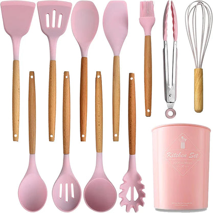 12 Pcs Premium Silicone Kitchen Utensil Set with Wooden Handle & Holder