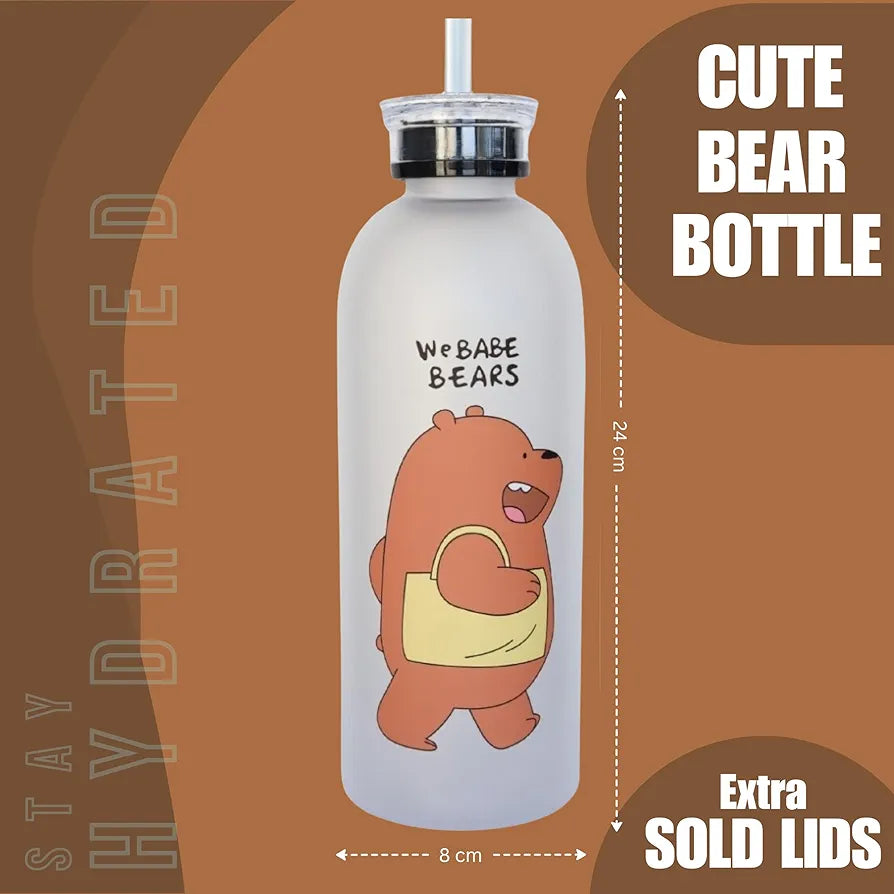 Cute Bear Frosted Water Bottle 1000ml with Straw & Lid – Kawaii Panda Juice Bottle, Leakproof BPA-Free Drinking Cup for Kids, School, Gym & Travel