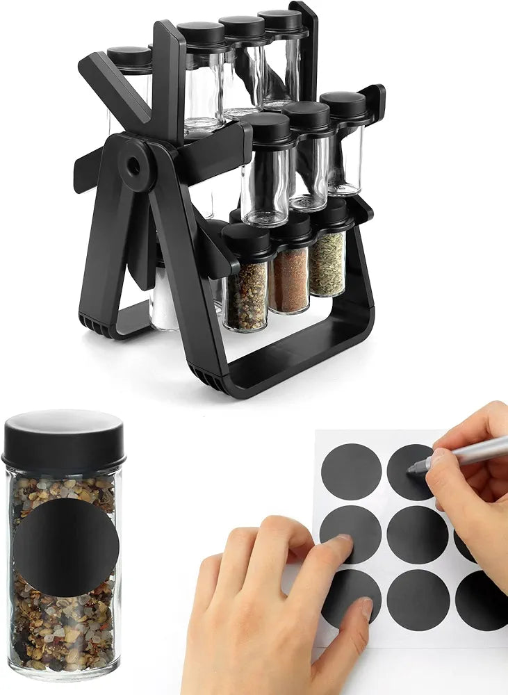 360° Rotating Spice Rack with 18 Glass Jars – Space-Saving Kitchen Organizer for Countertop & Cabinet | Airtight Seasoning Jar Set with Labels