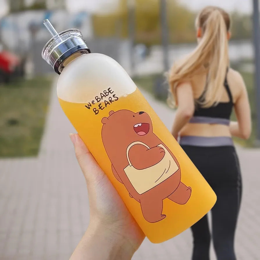 Cute Bear Frosted Water Bottle 1000ml with Straw & Lid – Kawaii Panda Juice Bottle, Leakproof BPA-Free Drinking Cup for Kids, School, Gym & Travel