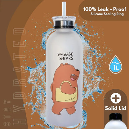 Cute Bear Frosted Water Bottle 1000ml with Straw & Lid – Kawaii Panda Juice Bottle, Leakproof BPA-Free Drinking Cup for Kids, School, Gym & Travel