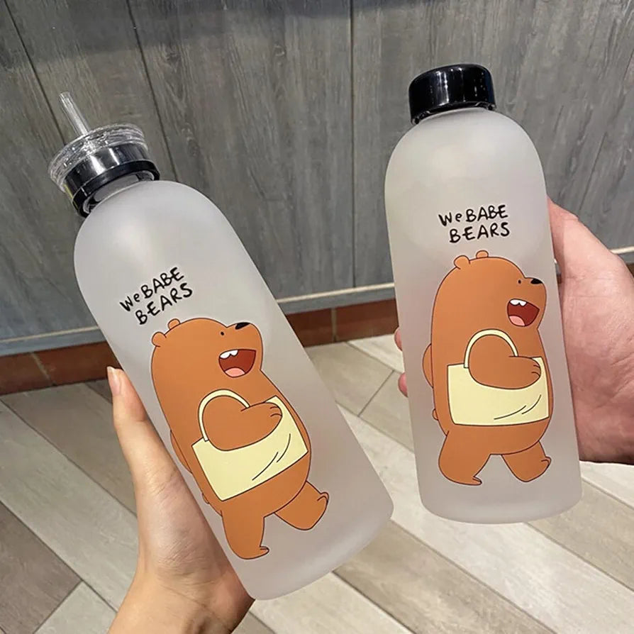 Cute Bear Frosted Water Bottle 1000ml with Straw & Lid – Kawaii Panda Juice Bottle, Leakproof BPA-Free Drinking Cup for Kids, School, Gym & Travel