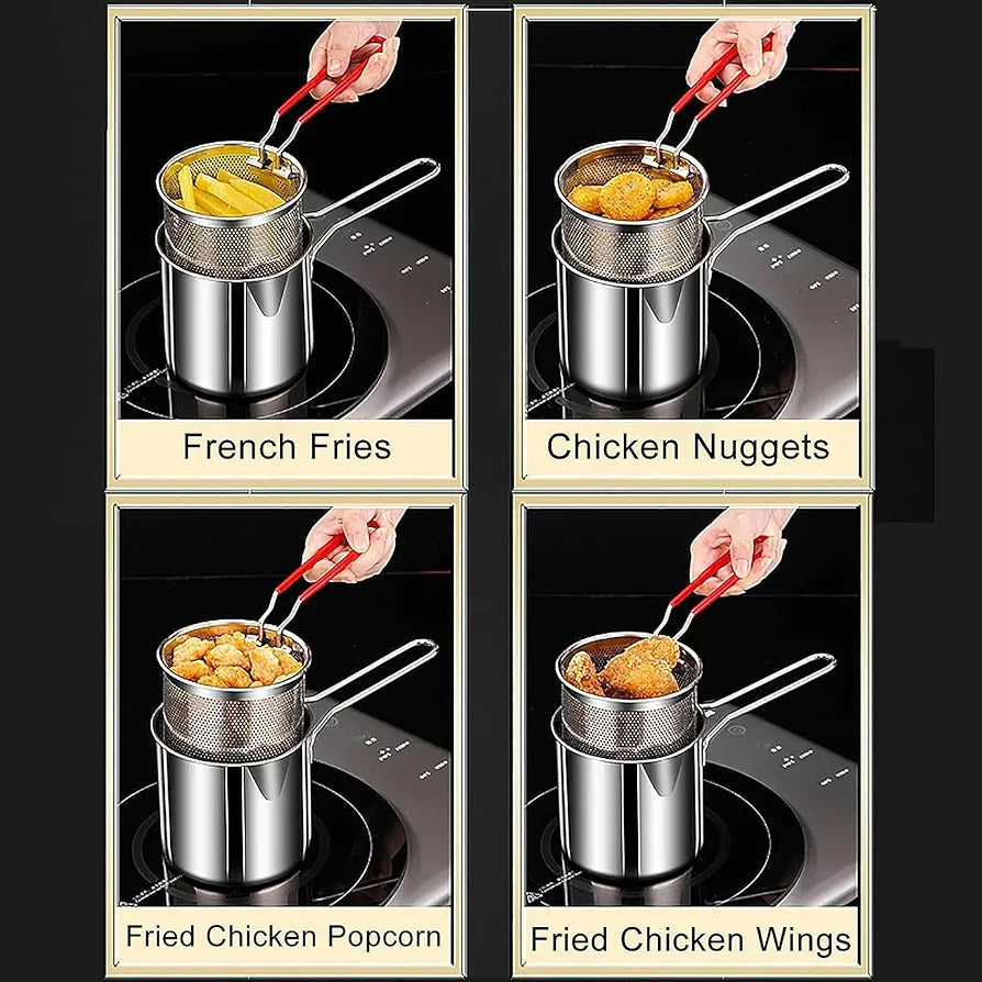 1200ML Stainless Steel Deep Fryer Pot with Strainer Basket – Oil-Saving Frying Pan for French Fries, Chicken & More