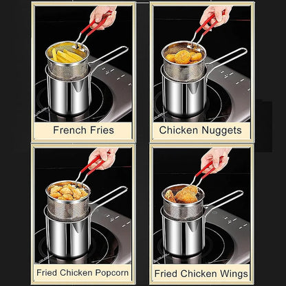 1200ML Stainless Steel Deep Fryer Pot with Strainer Basket – Oil-Saving Frying Pan for French Fries, Chicken & More