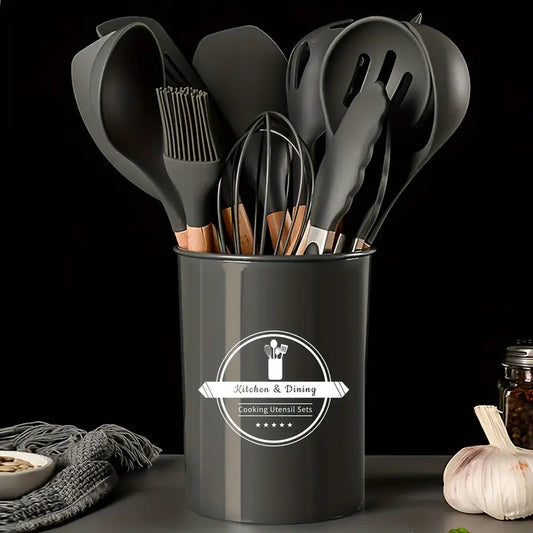 EcoChef Pro 12pc Wooden Handle Silicone Kitchen Utensil Set – Non-Stick, Heat-Resistant, and Stylish Cooking Essentials