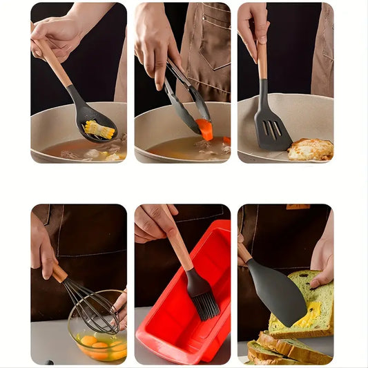 EcoChef Pro 12pc Wooden Handle Silicone Kitchen Utensil Set – Non-Stick, Heat-Resistant, and Stylish Cooking Essentials