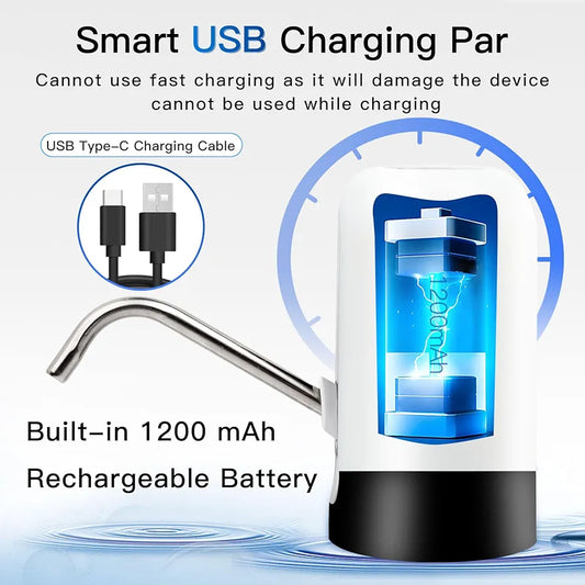 Rechargeable Electric Water Dispenser Pump for 19L Bottles | USB Charging Portable One-Touch Water Pump | 1200mAh Battery