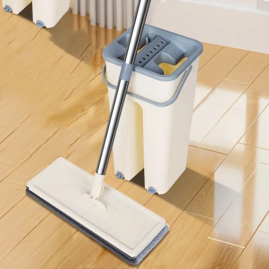 360° Flat Magic Mop and Bucket Set – Hands-Free Self-Cleaning Squeeze Mop for Wet & Dry Use – Microfiber Pads, Telescopic Handle, Space-Saving Design for Home & Office Floors