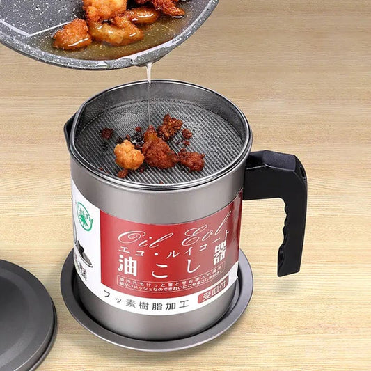 1.4L Stainless Steel Oil Filter Pot with Fine Mesh Strainer – Grease Separator & Cooking Oil Storage Container with Lid, Spout & Non-Slip Handle for Kitchen Use