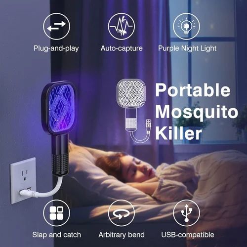 Mini USB Electric Mosquito Killer Racket with LED Light – Rechargeable Bug Zapper Swatter for Home & Outdoor Use