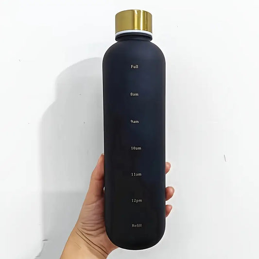 1L Motivational Water Bottle with Time Marker – Frosted BPA-Free Bottle with Golden Leak-Proof Lid – Daily Hydration Tracker for Gym, Office & Outdoor Sports