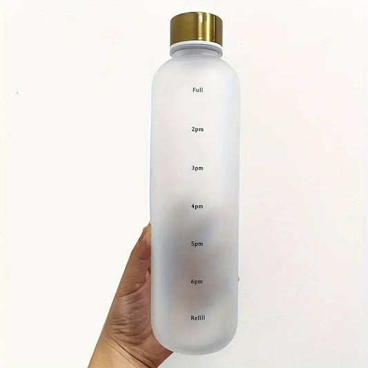 1L Motivational Water Bottle with Time Marker – Frosted BPA-Free Bottle with Golden Leak-Proof Lid – Daily Hydration Tracker for Gym, Office & Outdoor Sports